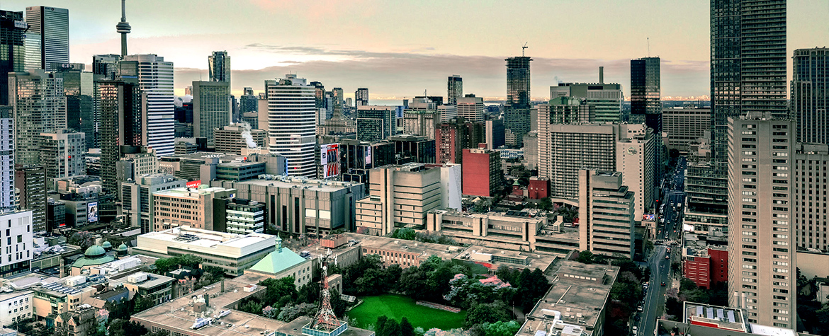 Aerial view of the Toronto Metropolitan University campus and downtown Toronto.
